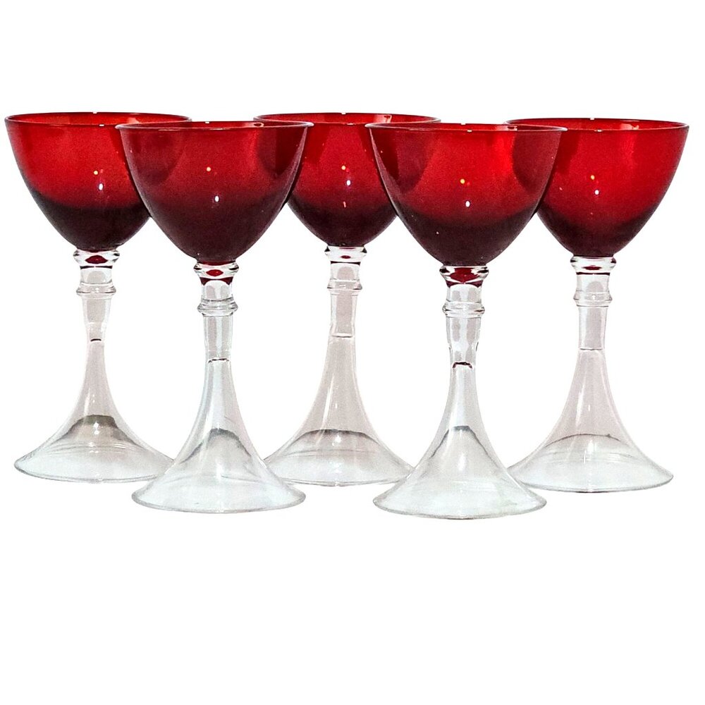 5 Vintage Ruby Red Cocktail Glasses 5" crystal clear fluted stems 4oz
